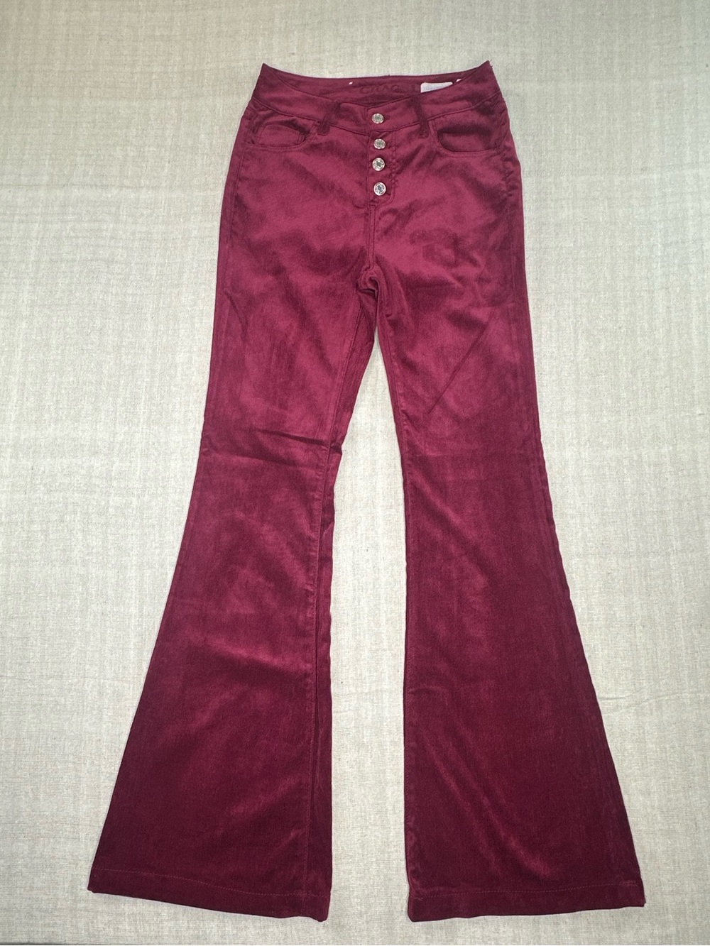 Grace in LA Womens Size 26 Burgundy Velour Flare Pants High Waist Button Fly Y2K